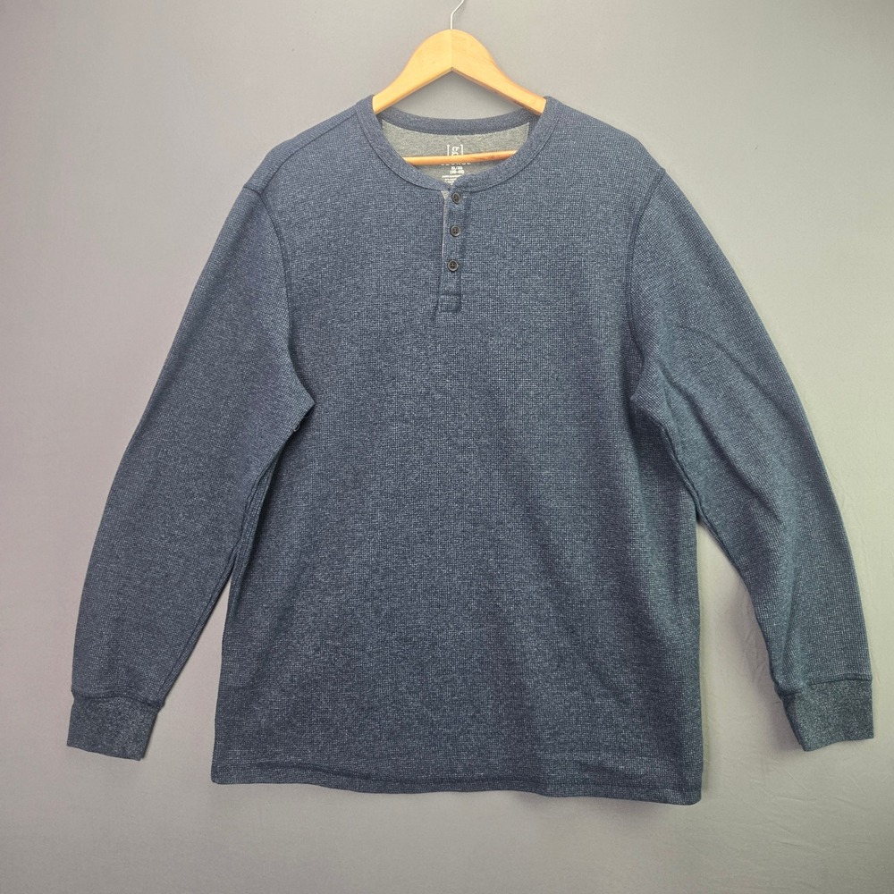 George Henley Shirt Long Sleeve Waffle Knit XL Blue Cotton Blend Pullover 3458